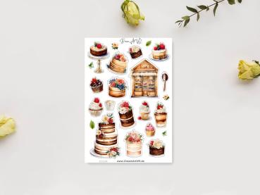 Preview: 3 Süßigkeiten Stickerbogen Bundle – Köstliche Desserts & Kuchen Preview: Stickerbogen mit verschiedenen handgezeichneten Dessertmotiven, darunter Schichttorten, Cupcakes, eine Vitrine mit süßen Köstlichkeiten und Löffeln. Die Sticker sind detailliert gestaltet mit Blumen und Beeren als Dekoration, ideal für die Verzierung von